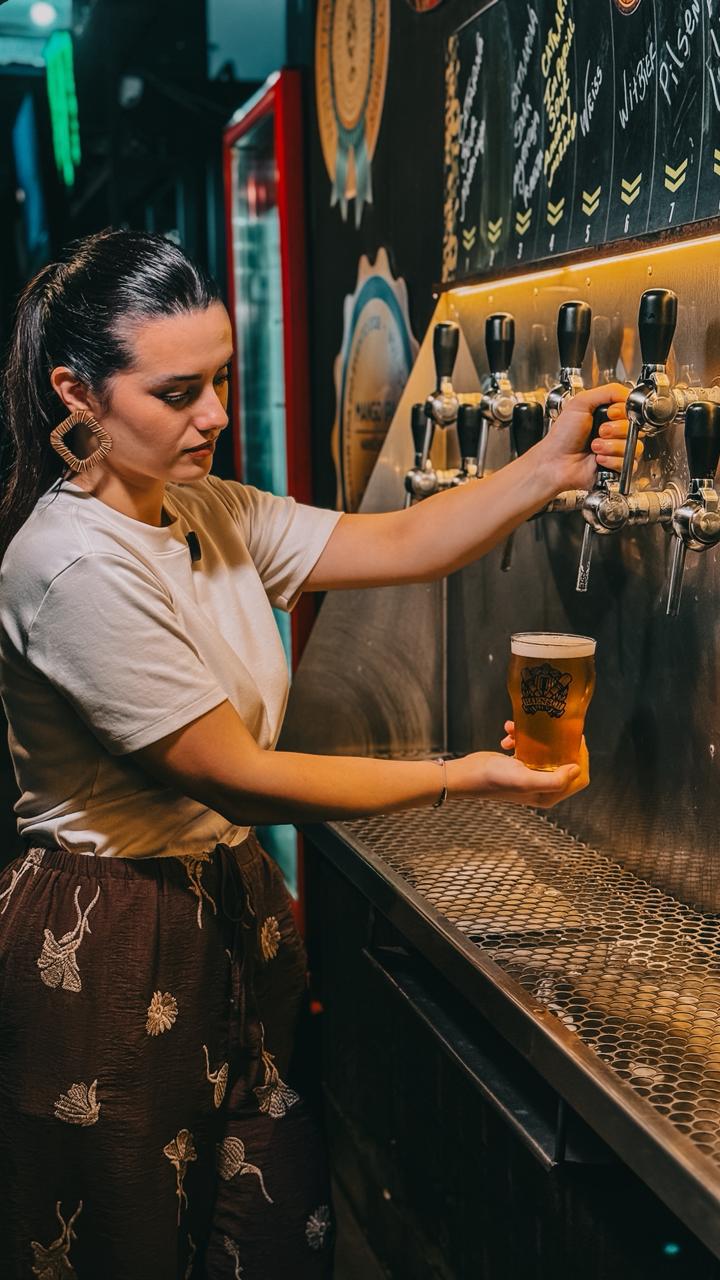 Atendente puxando chope nas torneiras do HaenschBar