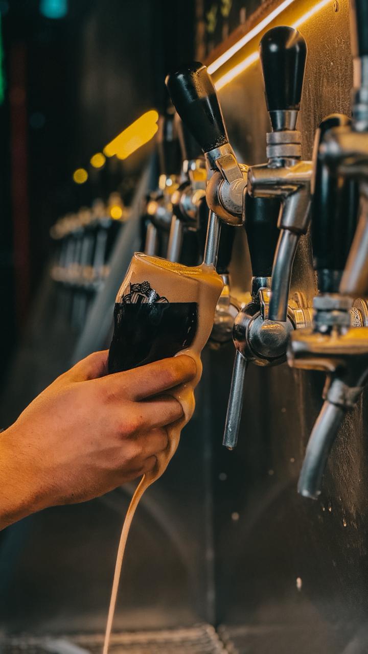 Cerveja escura sendo servida no copo Haensch
